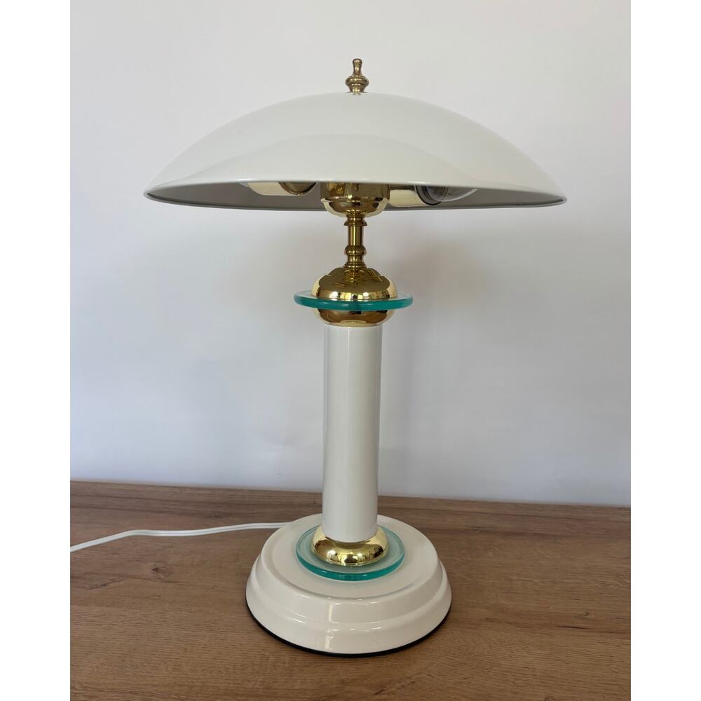 1980s Art Deco Revival Table Lamp White, Brass & Glass Accent